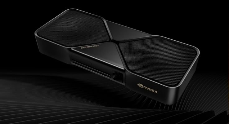 GPU NVIDIA RTX 6000 Blackwell com design frontal elegante e acabamento premium para uso profissional