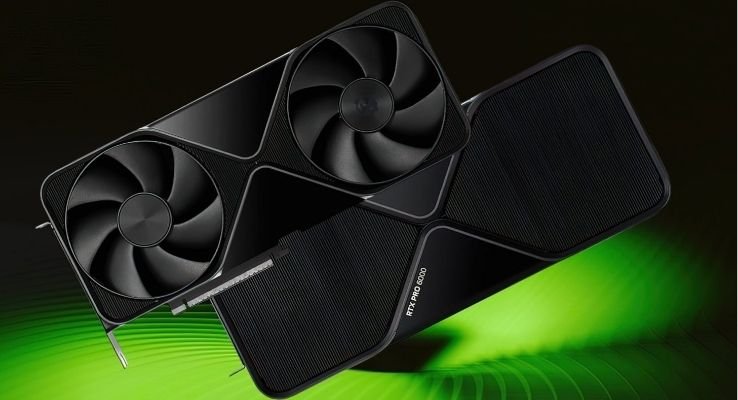 Placa de vídeo NVIDIA RTX 6000 Blackwell com duas ventoinhas para workstations de alto desempenho