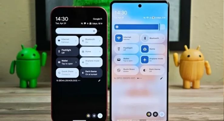 Interface do Android 16 em smartphones durante testes beta com tema claro e escuro ativado