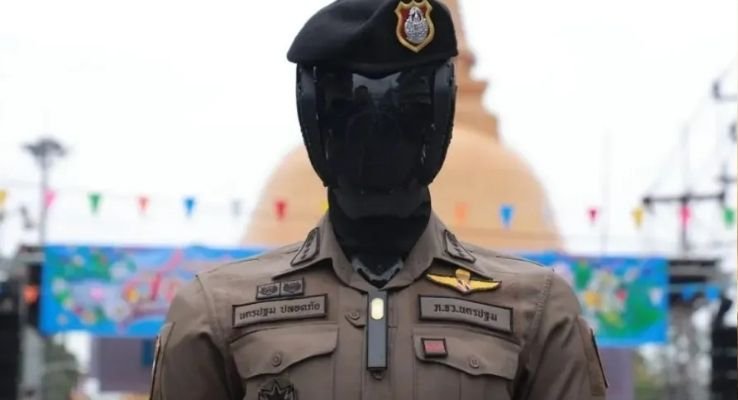 robô policial com inteligência artificial em exibição durante festival de tecnologia na Tailândia